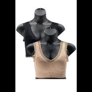 Rhonda Shear 2-pack Ribbed Knit Lace-Trim Leisure Bra Black/Beige - Regular
